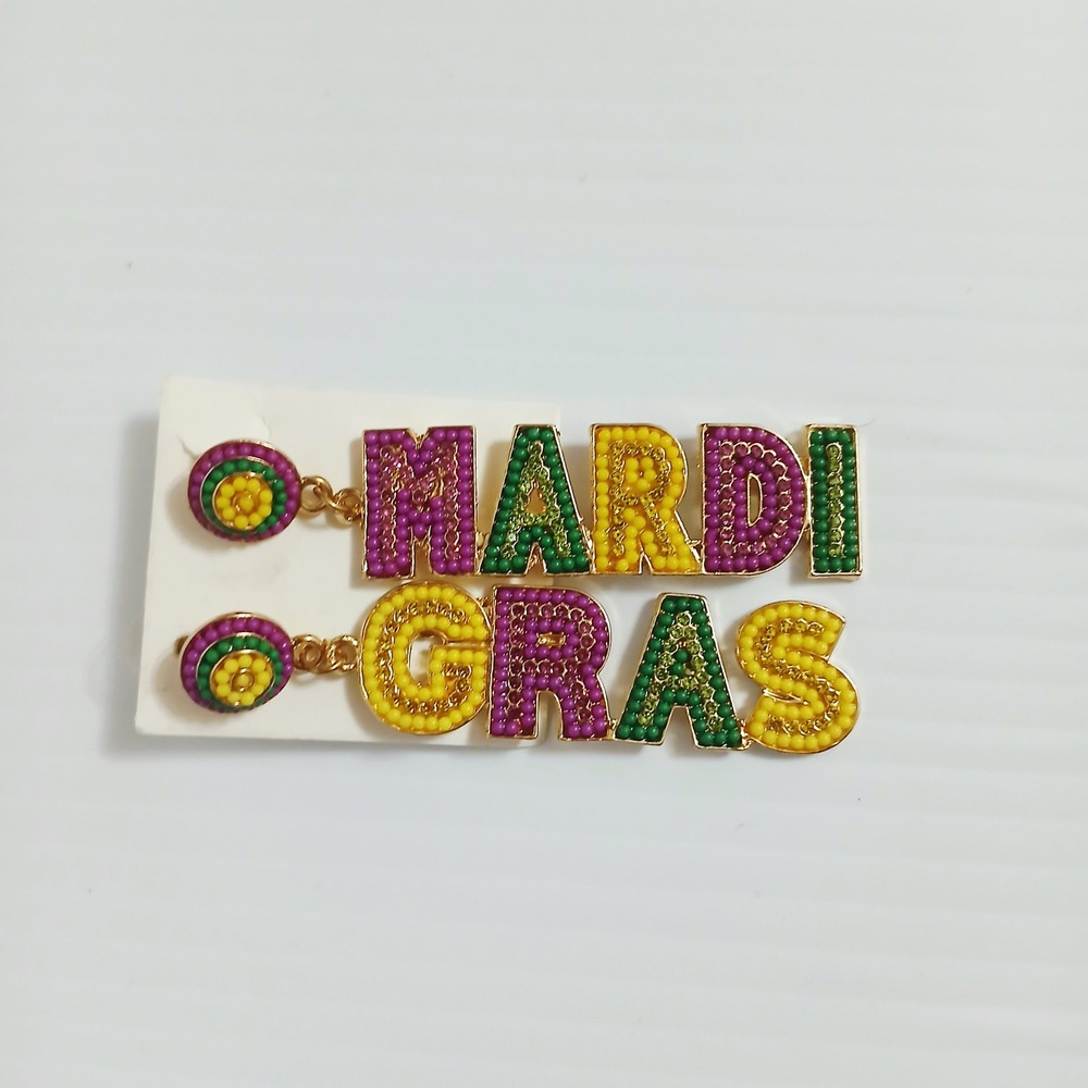 Mardi Gras Beaded‎ Statement Drop Earrings Purple Green Gold Festive Jewelry